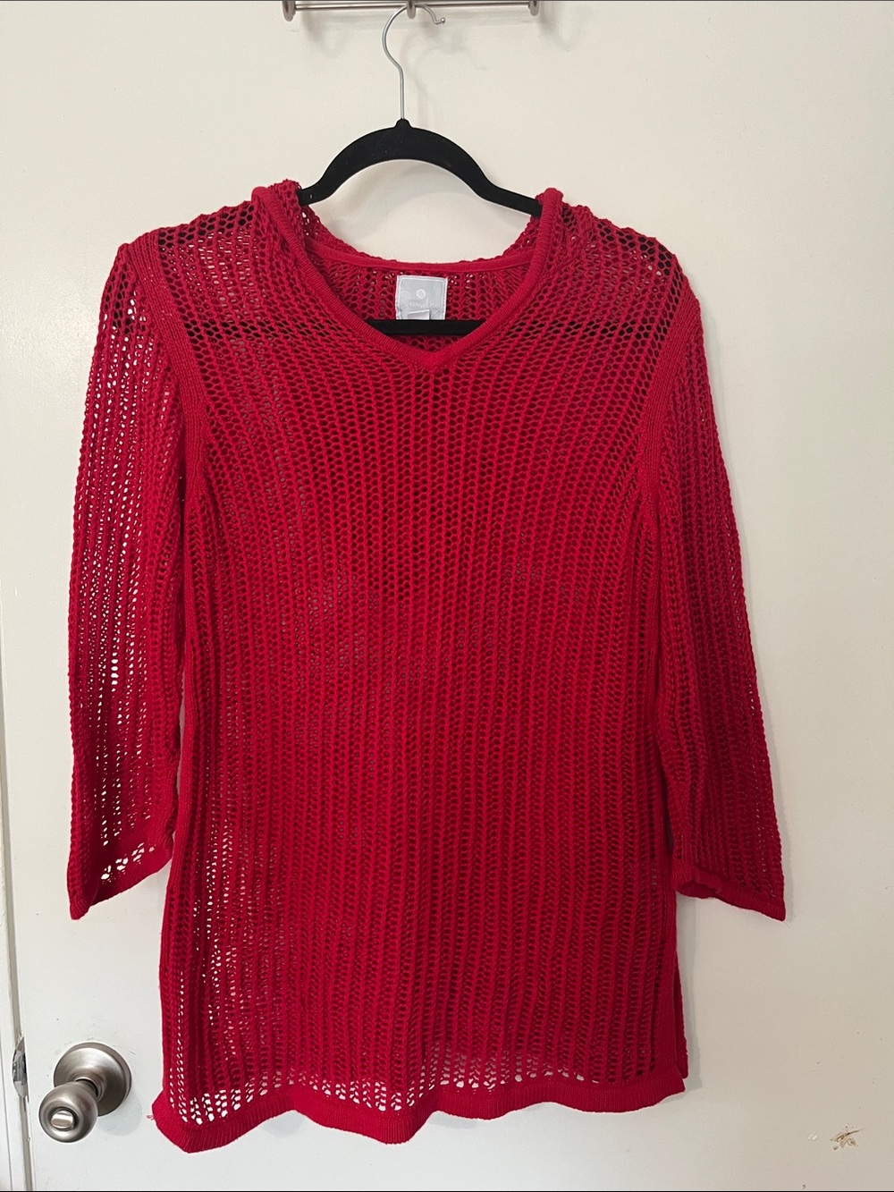 Sunday Red Open-Weave V-Neck Sweater